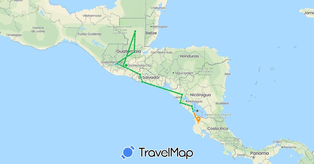TravelMap itinerary: bus, plane, boat, hitchhiking, motorbike in Costa Rica, Guatemala, Nicaragua, El Salvador (North America)